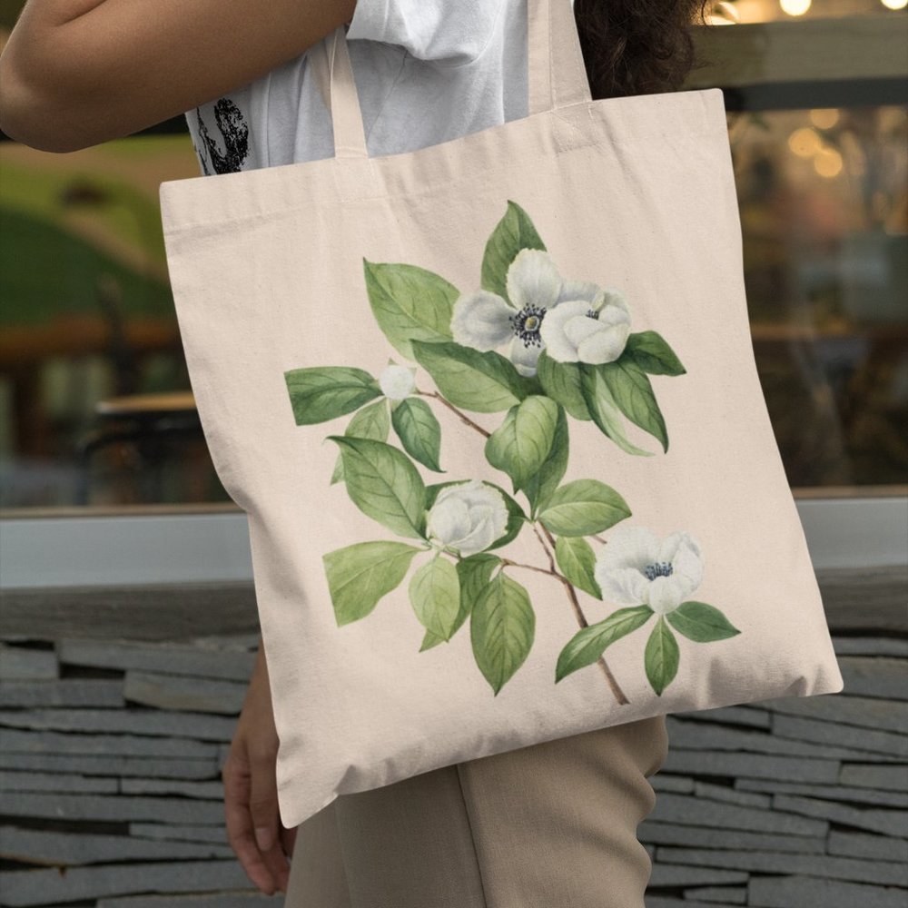 Silky Camellia Vintage Watercolor Floral Print Graphic Canvas Tote Bag